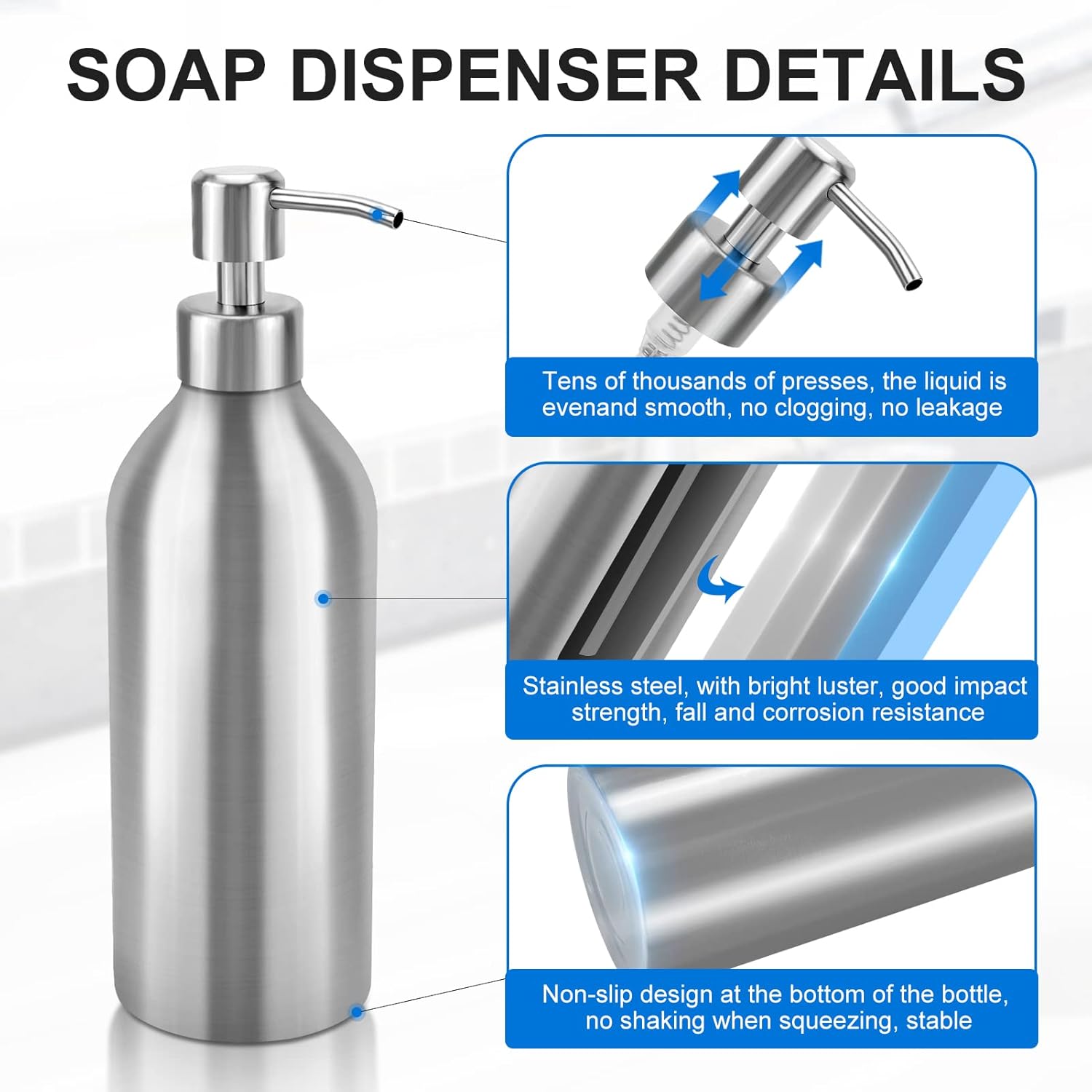 Large Dish Soap Dispenser - 25.5Oz Countertop Brushed Stainless Steel Soap Bottle with Anti-Rust Leakproof Pump, Hand Liquid Soap Dispenser for Bathroom & Kitchen - Image 4