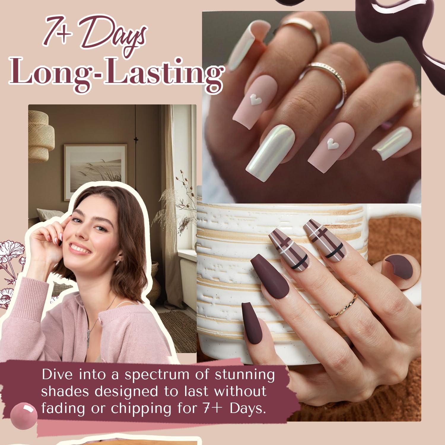 AZUREBEAUTY Nail Polish Set 4 Colors Brown Pink Glitter Nail Polish Quick Dry Natural Nail Lacquer Fingernail Strengthening Treatment Kit with Top Coat DIY Salon Home - Image 2