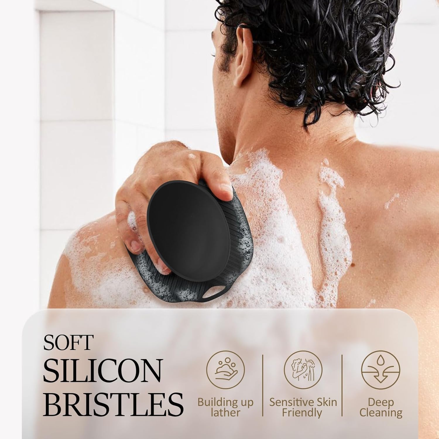 Soft Silicone Body Scrubber, Gentle Like a Hand Exfoliating Your Skin and Build Up Lather Easily, Back Large Suction Cup Easy to Store, Long-Lasting & Deep Clean (Black) - Image 2