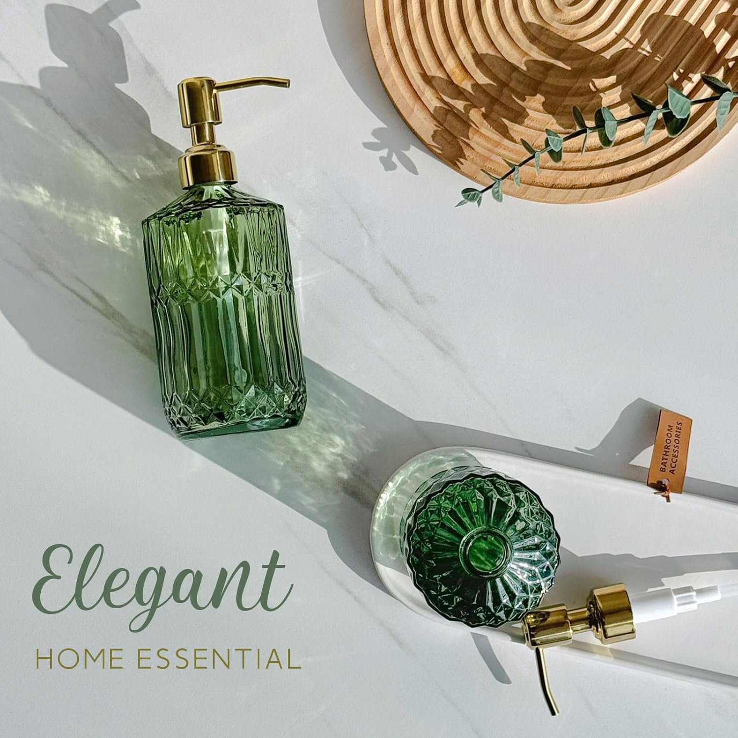 JASAI 18Oz Green Glass Soap Dispenser Gold Pump Refillable Kitchen Bathroom Hand Soap Lotion Body Wash - Image 5