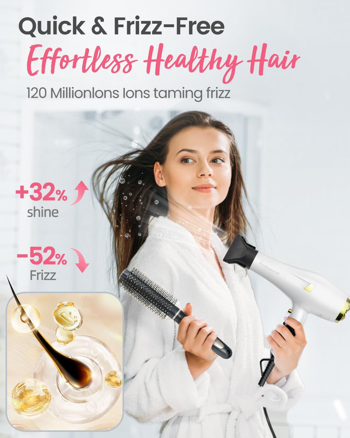 Professional Ionic AC Motor Hair Dryer White 2000W with Diffuser Comb Nozzle Concentrator 2 Speed 3 Heat Cool Shot - Image 3