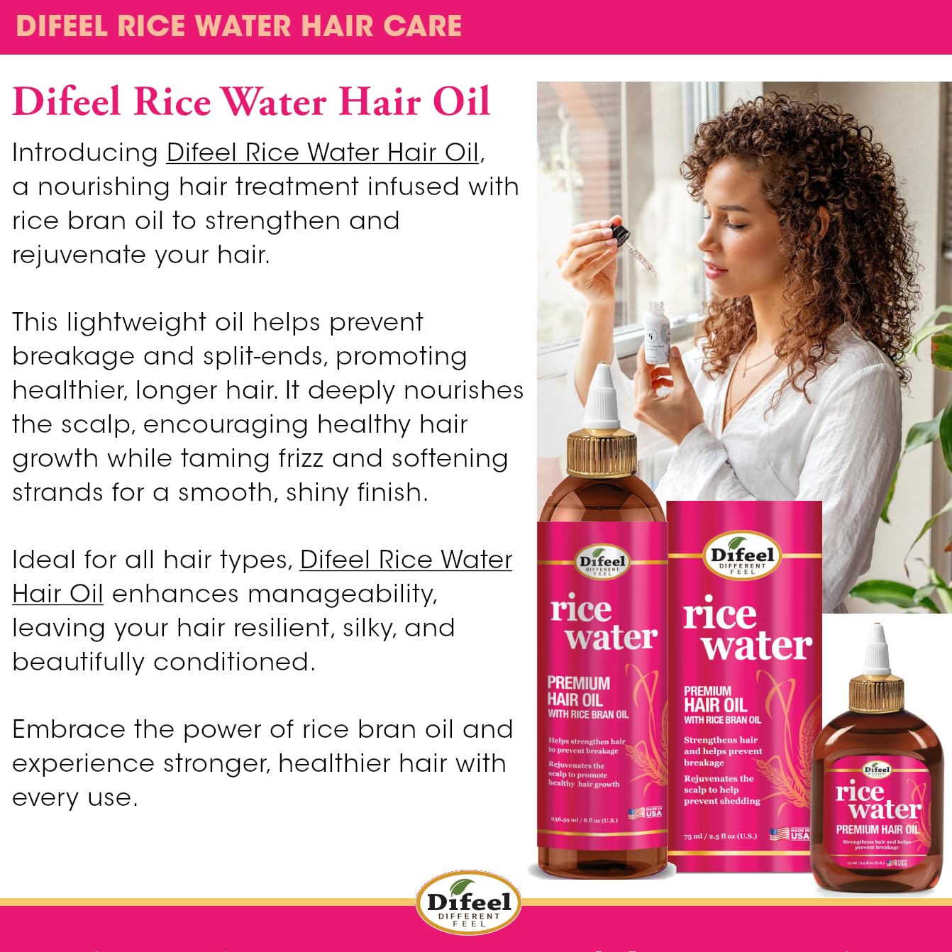 Difeel Rice Water Hair Care Ultimate Shampoo & Conditioner 6PC Set - Includes 33.8oz Shampoo, 33.8oz Conditioner, 12oz Hair Mask, 7.1oz Hair Oil, 7.1oz Root Stimulator & 8oz Leave in Spray - Image 7