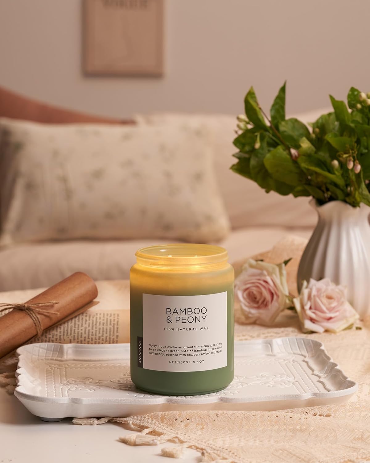 M&SENSE Bamboo Peony Spring Large Jar Candles for Home Scented 19.4 Ounces 110 Hour Long Lasting Burn, Natural Organic Soy Wax Gifts for Women, Fresh Smelling Aromatherapy Candle for Stress Relief - Image 6
