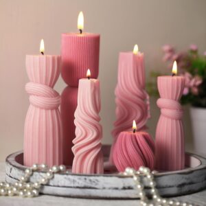 6 Pcs Pillar Candles Modern Aesthetic Ribbed Decorative Candle Set Cute Soy Wax Scented Ribbed Decor for Home(Pink,2.36-6.89 Inch)