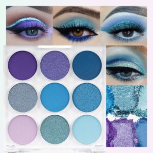 Purple Blue Eyeshadow Palette, Shimmer & Matte Violet Green Powder for Eye Makeup – 9-Color Highly Pigmented Light Dark Blue Pink Shades, Blendable Shiny & Matt