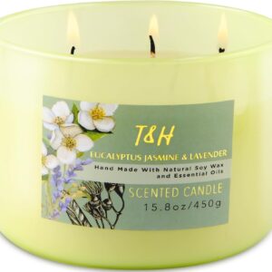 Eucalyptus Jasmine Lavender 3 Wick Candle | Highly Scented Soy Candle for Stress Relief 15.8 oz | Fresh Calming Aromatherapy Candle for Men & Women | Large Clean Burn Lavender Candle for Home