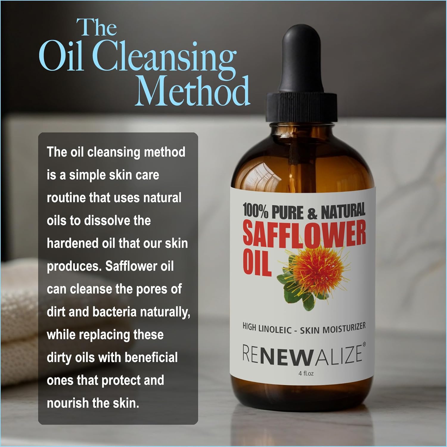 SAFFLOWER SEED OIL FACE MOISTURIZER - 4 oz. Dark Glass Bottle with Dropper | High linoleic facial serum regimen for acne and oily skin | Best all natural breakout skincare treatment for men and women - Image 4