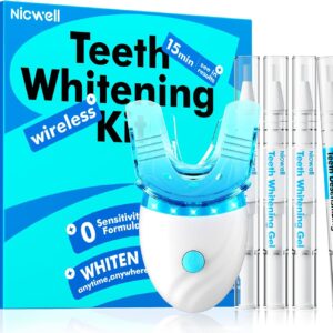 Teeth Whitening Kit for Sensitive Tooth: Nicwell White Teeth with LED Light, 35% Carbamide Peroxide Gel Pen Dental Mouth Tray Storage Case, Professional Oral Care Whitener Product for Home Work Travel
