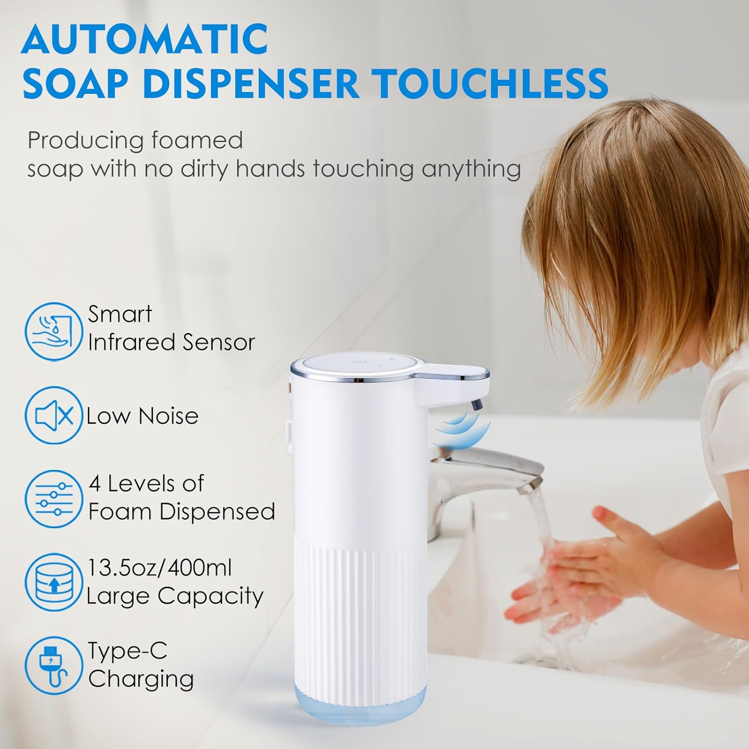 Automatic Touchless Foaming Soap Dispenser, USB Rechargeable, 4-Level Adjustable, 13.5oz, White - Image 2