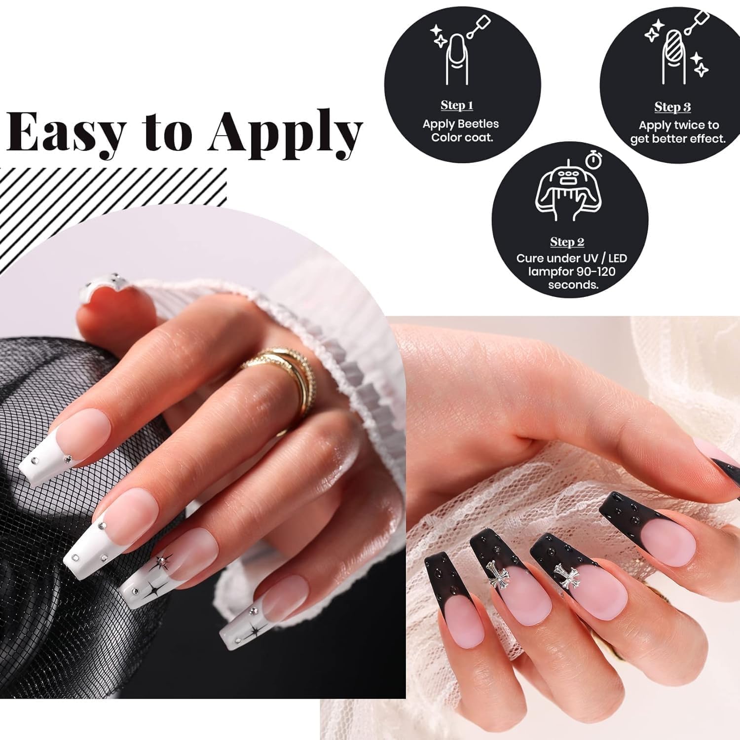 Beetles 4 Pcs White Black Gel Nail Polish Set with Top and Base Coat - Image 4