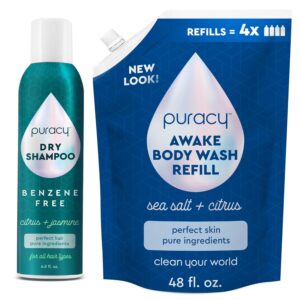 Puracy Natural Body Wash Refill, 98.6% Pure Plant Ingredients Shower Gel (Citrus & Sea Salt 48 oz) Natural Dry Shampoo for Women, Plant-Powered Cleansing Volumizing Dry Shampoo (Citrus & Jasmine 6 oz)