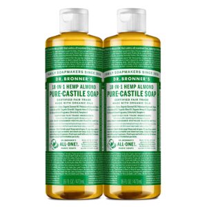 Dr. Bronner's - Pure-Castile Liquid Soap (Almond, 16 ounce, 2-Pack) - Made with Organic Oils, 18-in-1 Uses: Face, Body, Hair, Laundry, Pets and Dishes, Concentrated, Vegan, Non-GMO