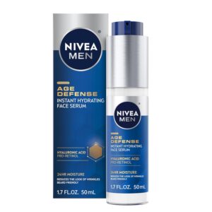 NIVEA MEN Age Defense Instant Hydrating Face Serum for Dry Skin, With Pro-Retinol and Hyaluronic Acid, Skin Care Gifts for Dad, Helps Reduce Look of Fine Lines and Wrinkles, 1.7 Fl Oz Bottle