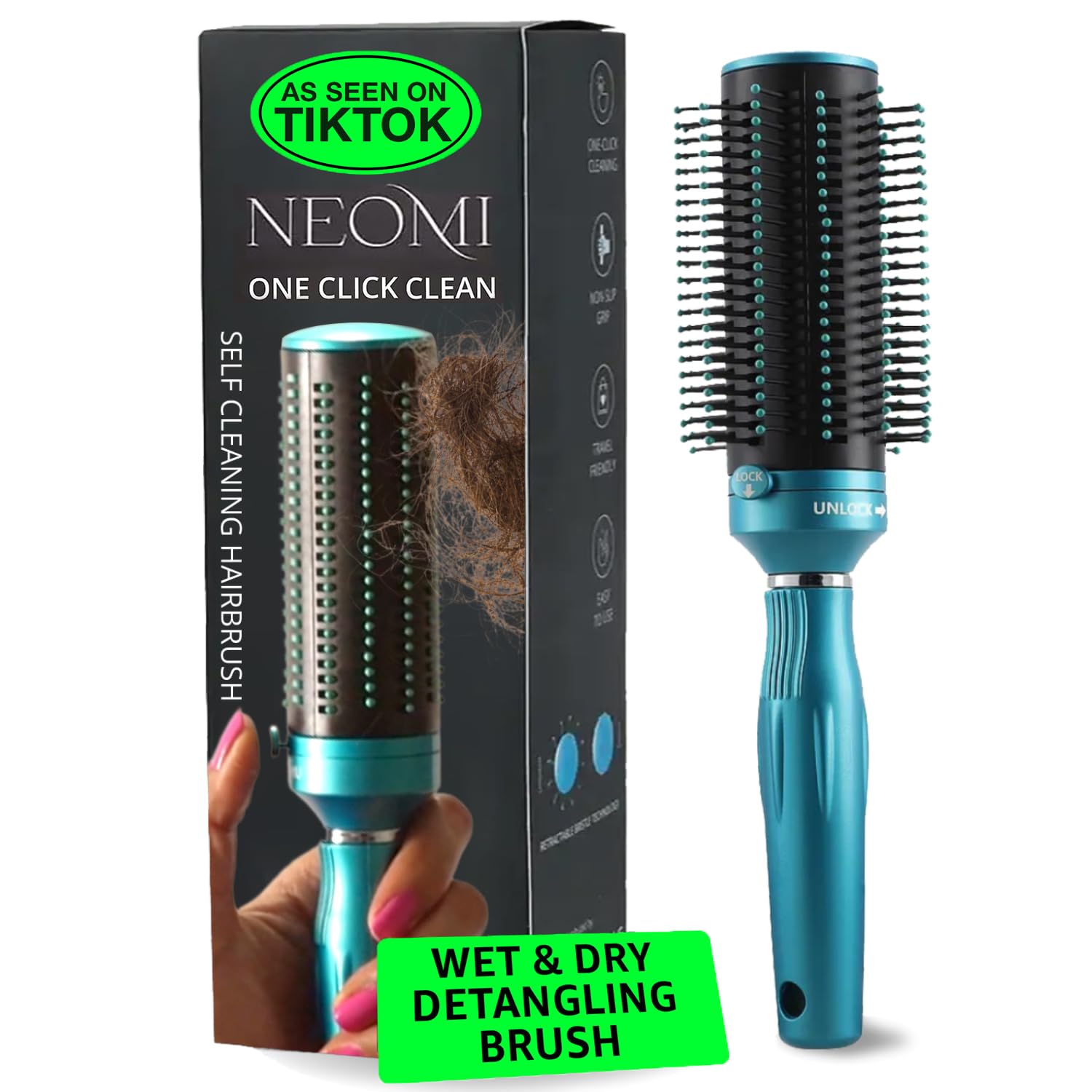 Hair Brushes for Women - Curly Hair Blow Dryer Brush Self Cleaning Detangler Round Brush for Blow Out - Roller Retractable Hairbrush for Wet or Dry Womens and Men Blue Birthday Gifts