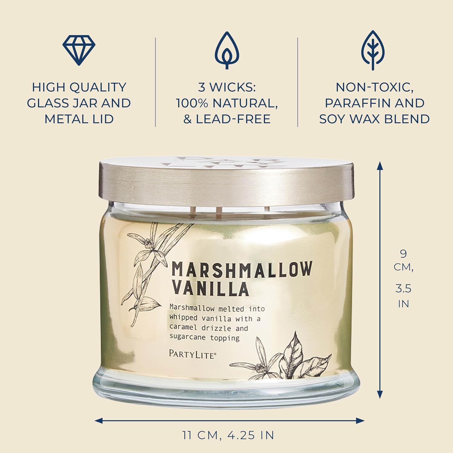 PartyLite Marshmallow Vanilla Scented with Caramel & Sugarcane Notes, 13.2oz 3-Wick Jar Candle, 45 Hour Burn Time, Luxurious Fragrance, Ideal for Gifting - Image 6