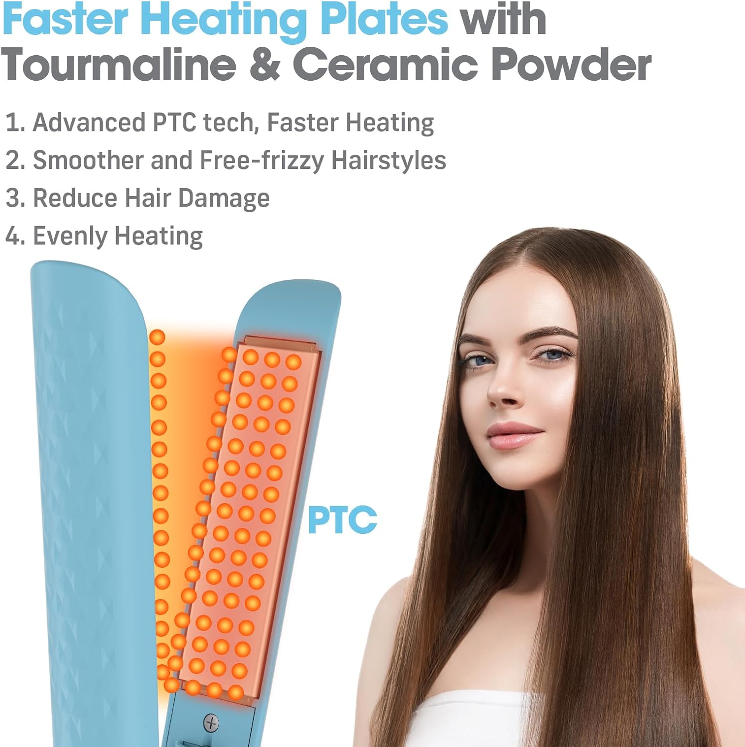 Quico Hair Straightener, 110-240V Global Travel Hair Straighteners for Women, 15s Fast Heating, Professional Negative Ion Flat Iron, Temp Memory, 320℉-450℉, Auto-Off, with Glove and Clips, Gift, Blue - Image 2