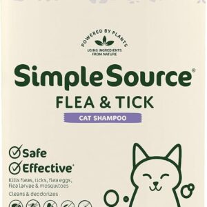 SimpleSource® Flea & Tick Shampoo for Cats, Powered by Plants, Kills Fleas, Flea Eggs, Flea Larvae, Ticks, & Mosquitos, Cleans & Deodorizes, 12oz Bottle