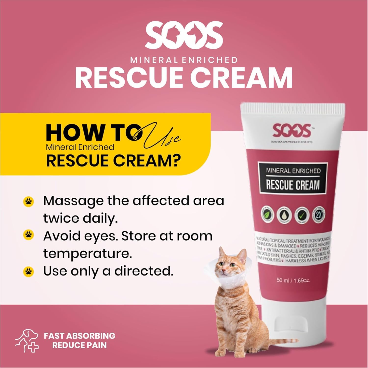 Soos Pets Pet Rescue Cream for Dogs and Cats | Natural Dead Sea Mineral Enriched | Fast Absorbing Reduce Pain | Topical Treatment of Injuries Cuts Sores Wounds Scratches Damaged Skin - 50ml - Image 5