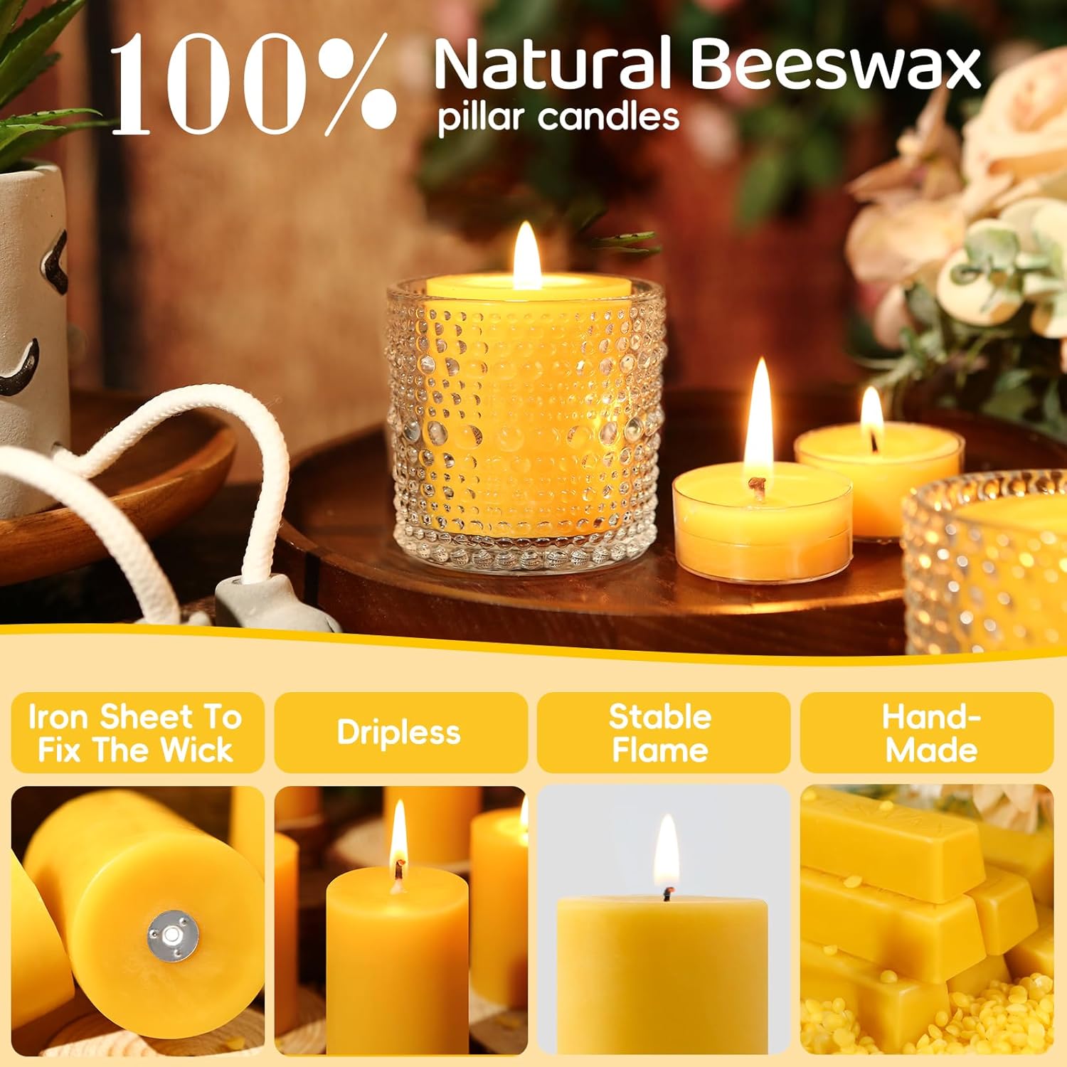 4 Pack 2x2 Inch Pure Beeswax Pillar Candles, 80 Hour Unscented Burn Time - Image 5