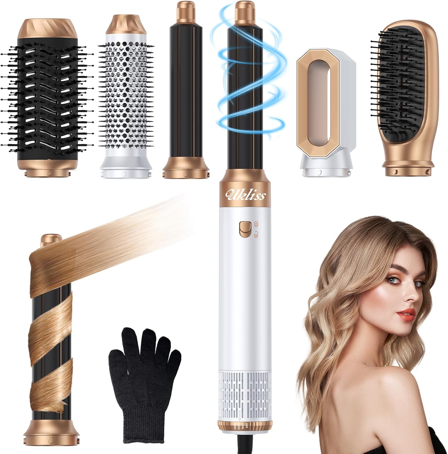 6 in 1 Blow Dryer Brush,Hair Dryer Brush with Ionic Technology, Multifunctional Styler Styling Tools, Auto Air Curler for Hair, Fast Styling for Most Hair Types, Safe ALCI Plug (White Gold)