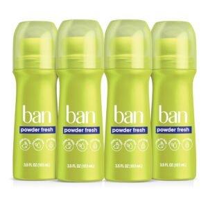 Ban Invisible Roll-on Antiperspirant Deodorant for Women and Men, 24-hour Underarm Odor & Sweat Protection, Powder Fresh, 3.5 Oz, Pack of 4