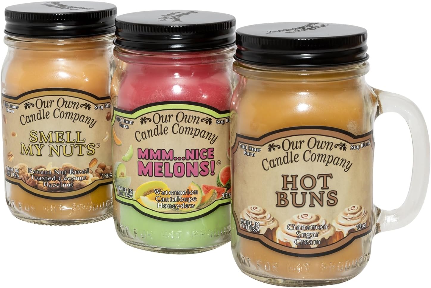 Our Own Candle Company Smell My Nuts, Nice Melons, and Hot Buns - Sassy Pack Scented Mason Jar Candles, 13 oz (3 Pack)