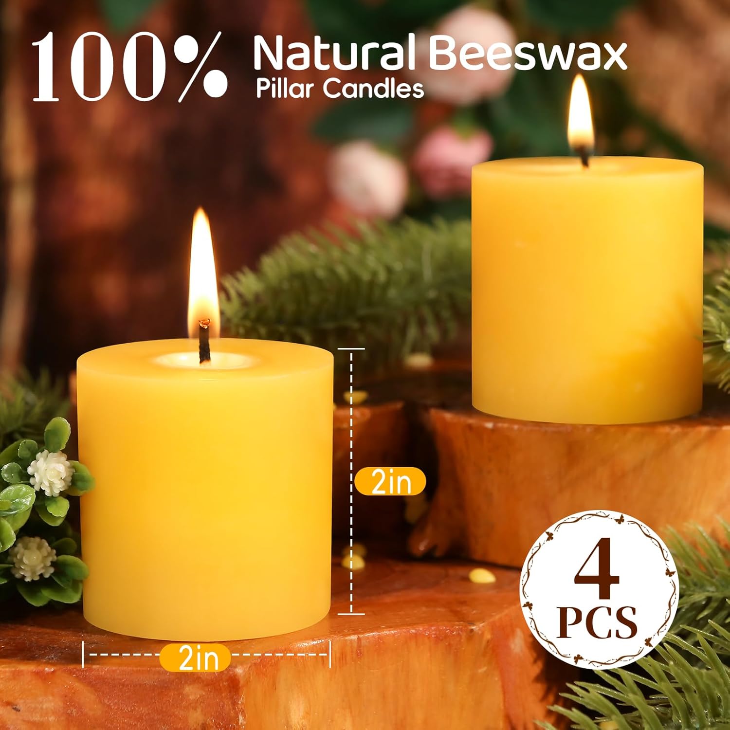 4 Pack 2x2 Inch Pure Beeswax Pillar Candles, 80 Hour Unscented Burn Time - Image 6
