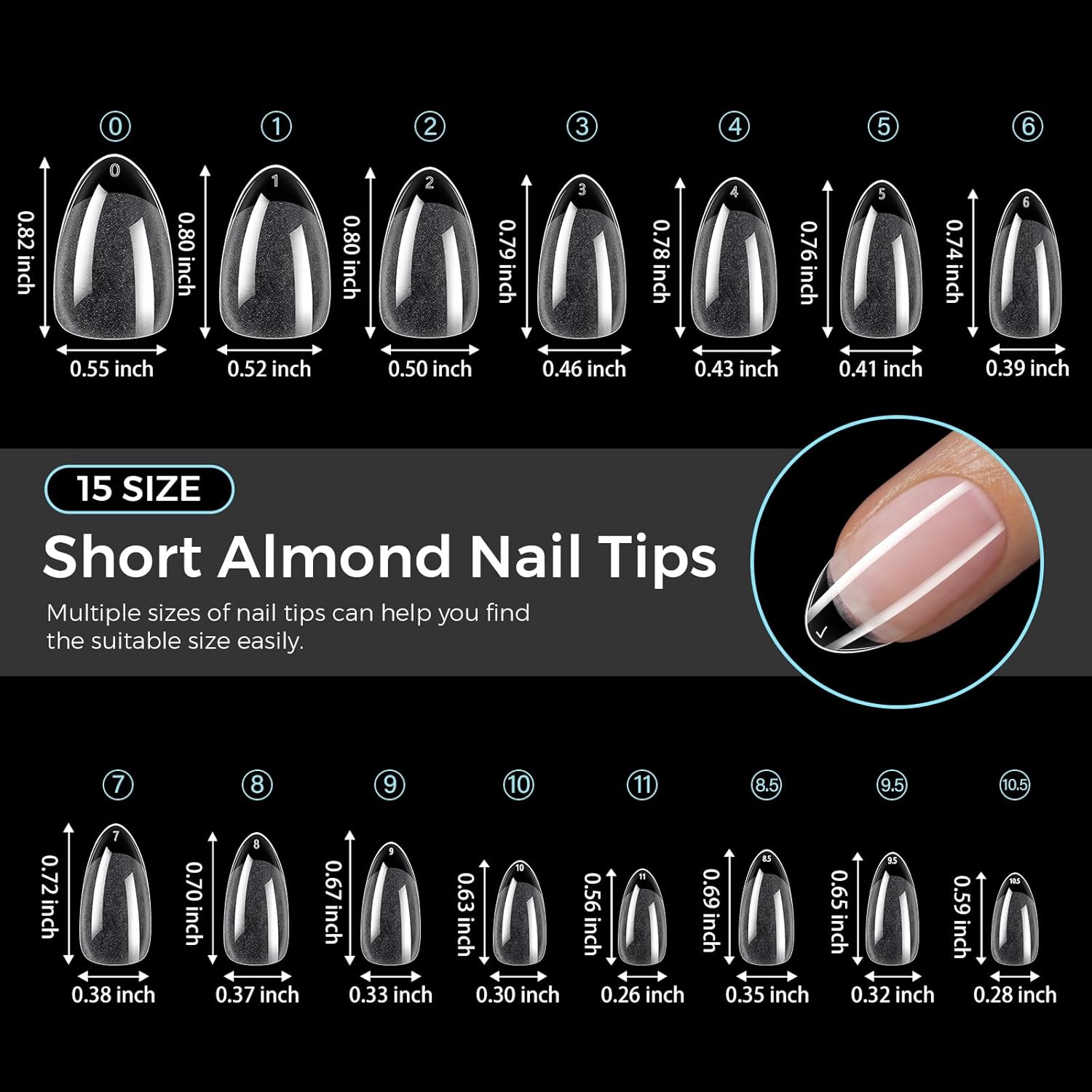 TOMICCA 240PCS Short Almond Clear Acrylic Nail Tips Kit 15 Sizes for Home DIY Manicure - Image 5