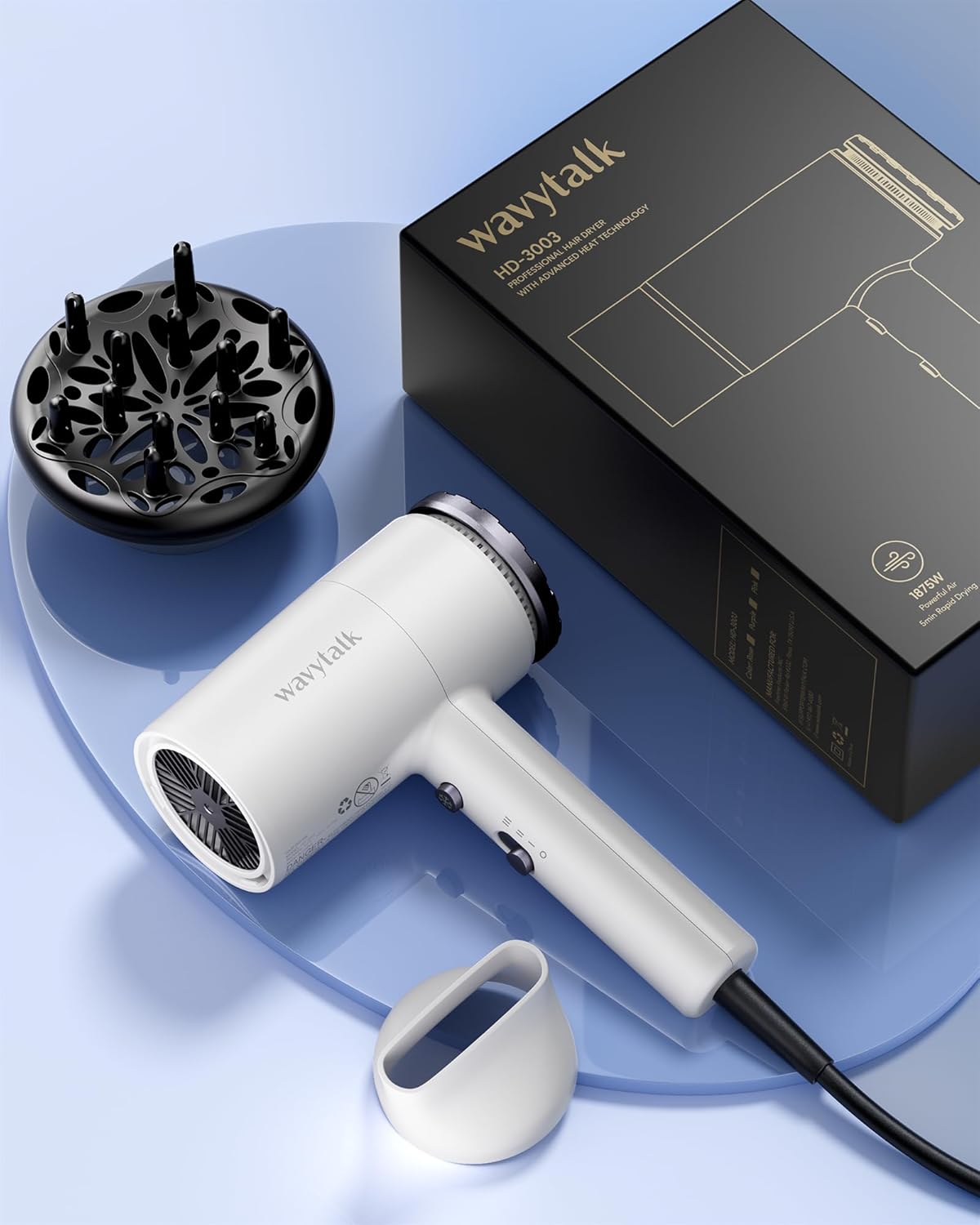 Wavytalk 1875W Ionic Lightweight Professional Hair Dryer White with Diffuser and Concentrator Attachment - Image 3
