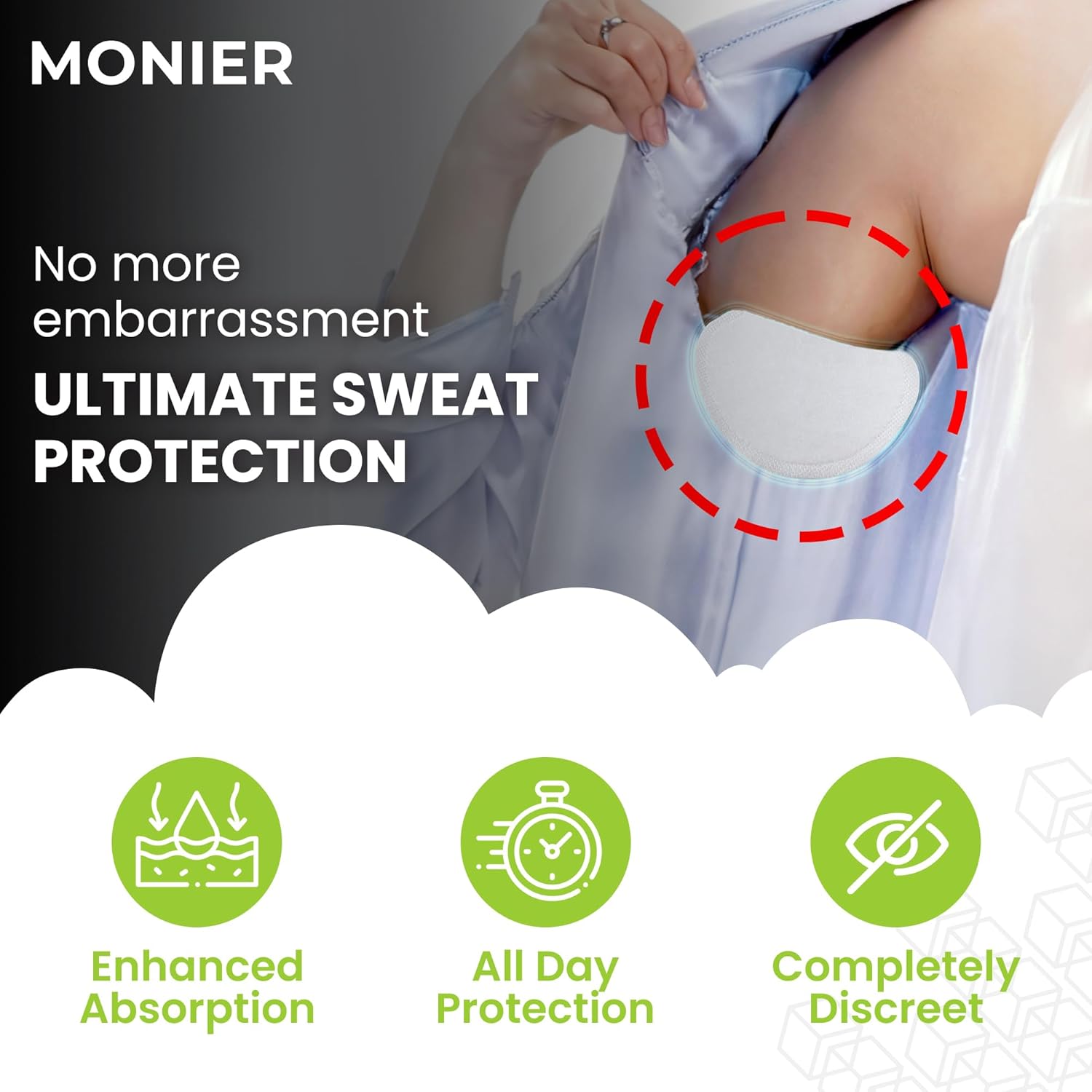 MONIER Armpit Sweat Pads for Under Arms - Extra Comfort, For Hyperhidrosis, for Men and Women, Not Visible, Disposable Dress Shields/Guards, Anti Sweat Armpit Protection - Image 3