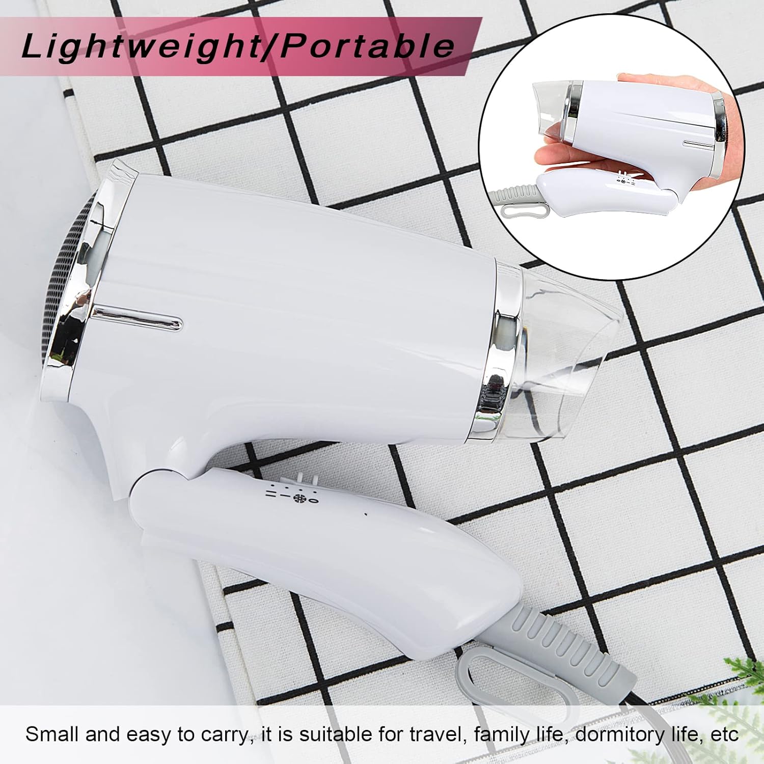 White Compact Folding Travel Hair Dryer 8x7 Inch Lightweight Mini Design Low Noise Heat Settings - Image 6