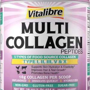 Multi Collagen Peptides Powder Type I II III V X, Hydrolyzed Collagen Protein for Women and Men, Skin, Hair, Nails, Unflavored, Non-GMO, Keto & GF, Zero Sugar, 45 Servings, 16oz