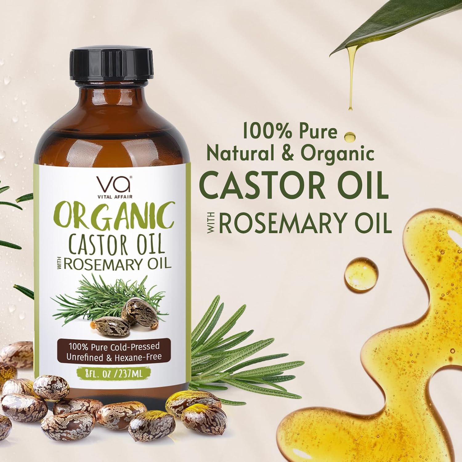 Organic Castor Oil With Rosemary Oil For Hair Growth - 100% Pure Rosemary Hair Oil With Pure Castor Oil Cold Pressed Unrefined Glass Bottle - Strengthening & Volumizing 8 Fl Oz - Image 5