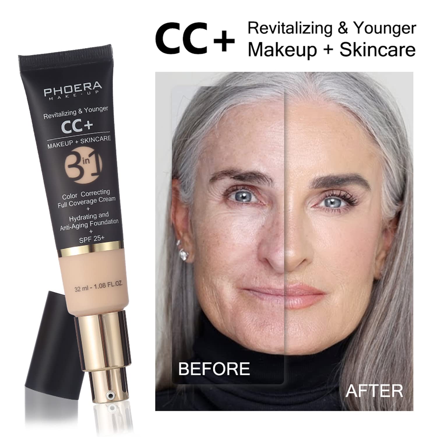 PHOERA 2-Piece 100 Porcelain CC Cream Foundation SPF 25 Full Coverage 1.08 fl oz - Image 2