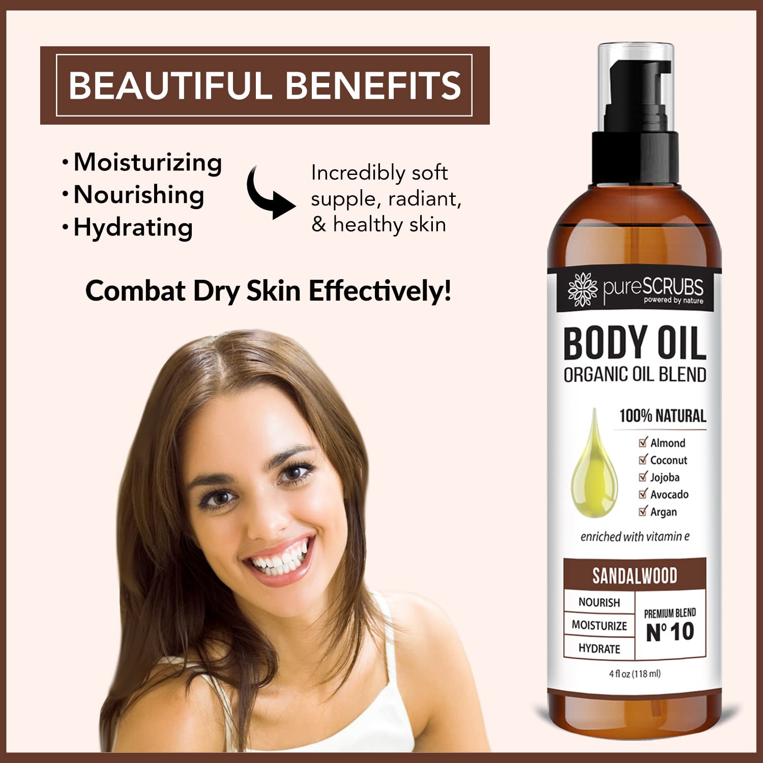 pureSCRUBS Ultra Moisturizing Sandalwood Body Oil Spray For Dry Skin, Massage, Cuticles & More, Organic Blend of Jojoba, Argan, Coconut, Sweet Almond & Avocado Oils Enriched with Vitamin E, Lg 4oz - Image 3