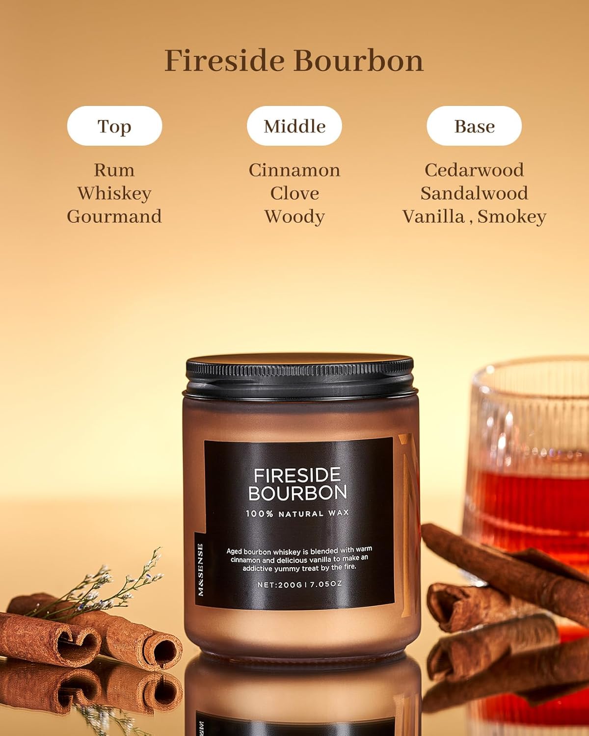 M&SENSE Fireside Bourbon Jar Candle, Clean Non-Toxic Soy Wax Campfire Candle Smoky Candle, Cotton Fall Scented Candle for Home Decor, 7.05oz Up to 50 Hours Burn Time Aromatherapy Candle for Bathroom - Image 2