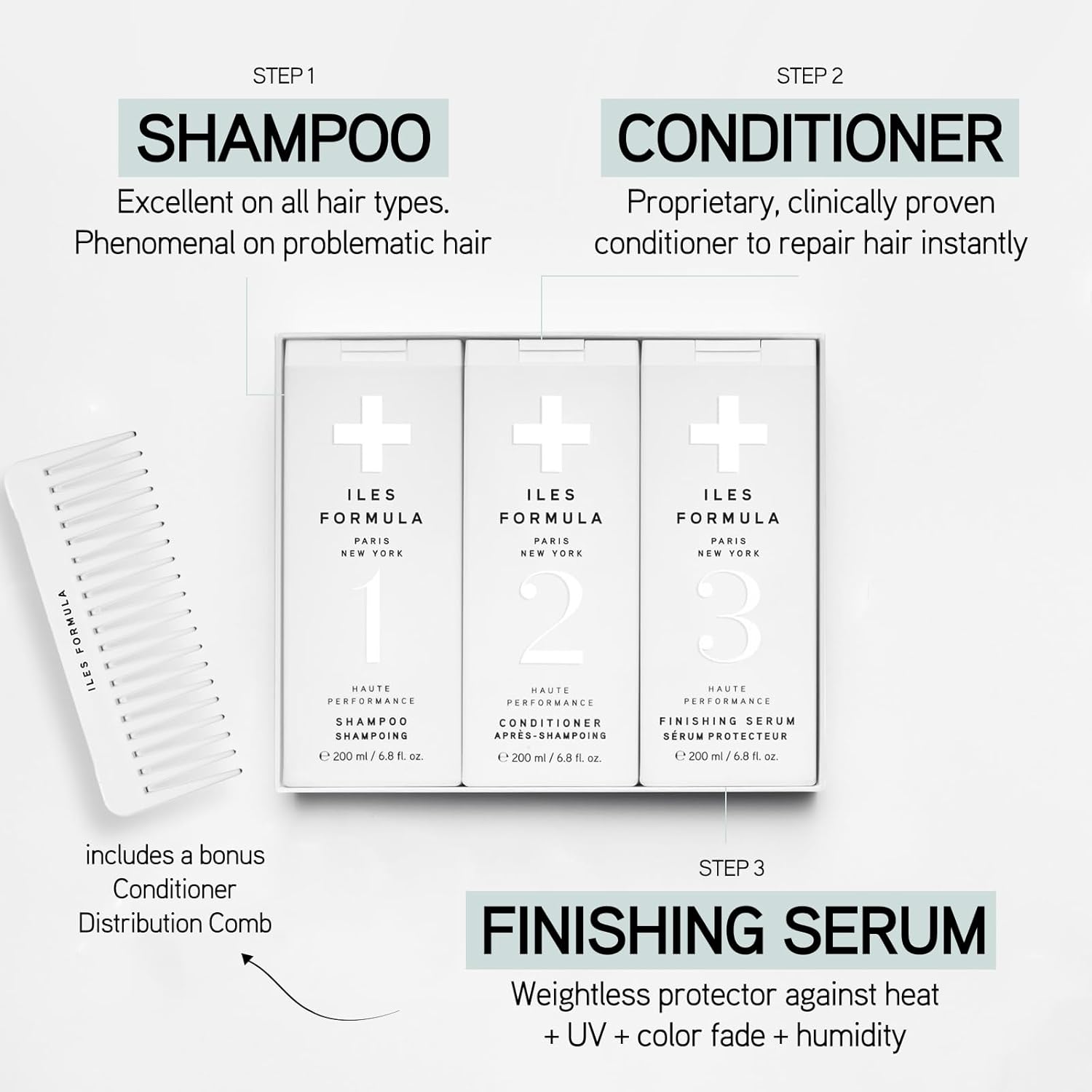 ILES FORMULA Signature Collection Box – Shampoo + Conditioner + Finishing Serum & Comb - Repairs, Protects, Stops Hair Breakage, Botanical Formula for All Hair Types, 6.8 Fl Oz (200 ML) Each - Image 3