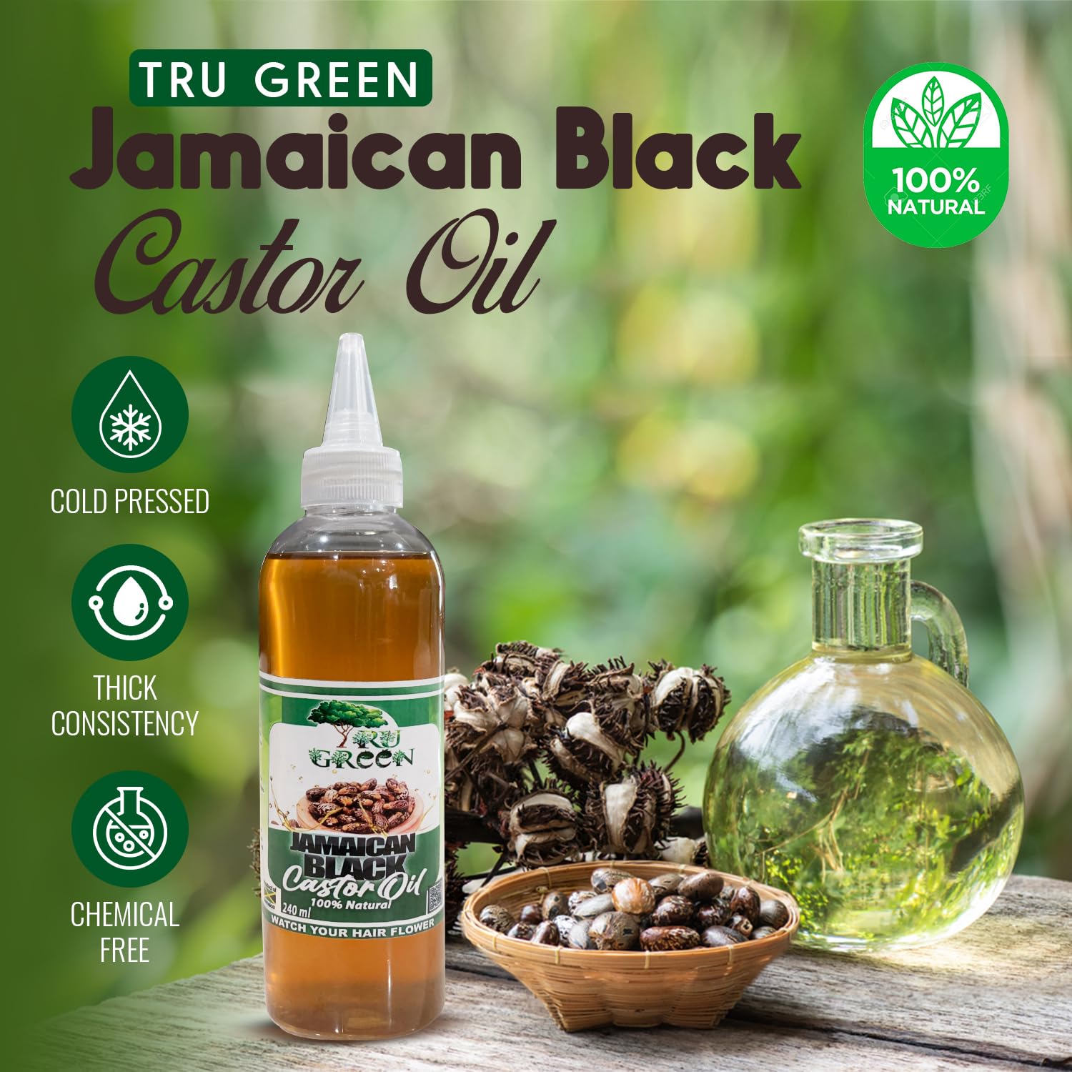 Tru Green Pure Castor Oil, Jamaican Black Castor Lightly Roasted (8 Oz) For All Hair Types. Stimulates hair Follicles And Promotes Growth for Hair, Brows, Skin, And Hair Moisturizer. - Image 2