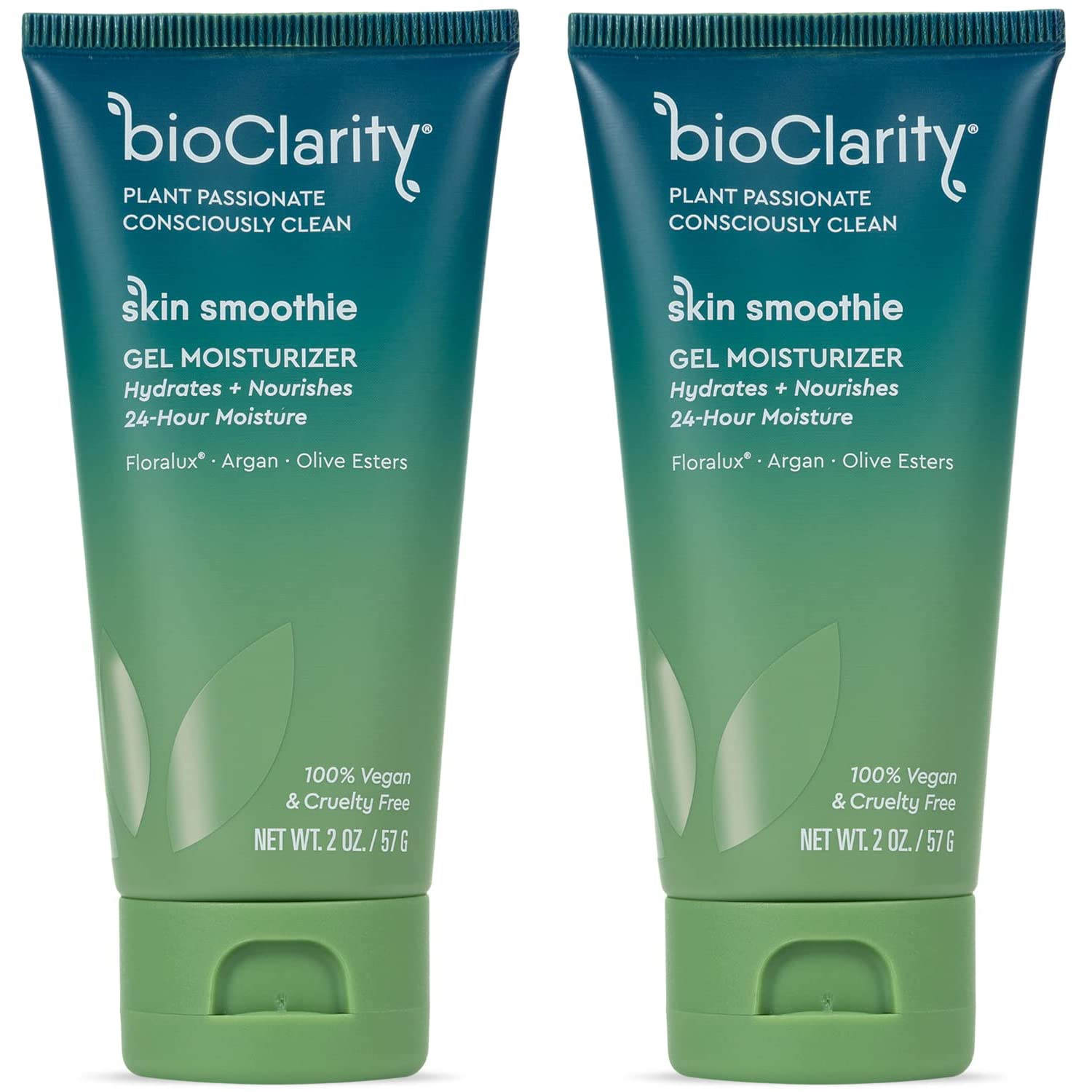 BioClarity Skin Smoothie Gel Moisturizer, 24-Hour Hydration for Normal & Oily Skin, Vegan Formula with Olive, Argan, Ceramide, 2 Fl Oz, Pack of 2