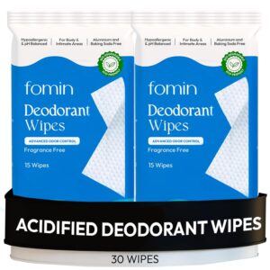 FOMIN Acidified Deodorant Wipes For Women - 30 Count - Fragrance Free – Hypoallergenic, pH Balanced Whole Body Wipes - Plastic-Free, Exfoliating & Advanced Odor Control Underarm Body Wipes