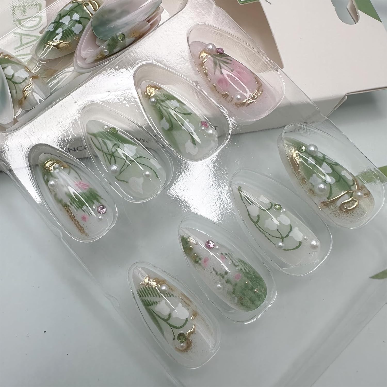 Medium Almond Green Press-On Nails with 3D Pearl Rhinestones and Gold French Tips, 24 Count - Image 5