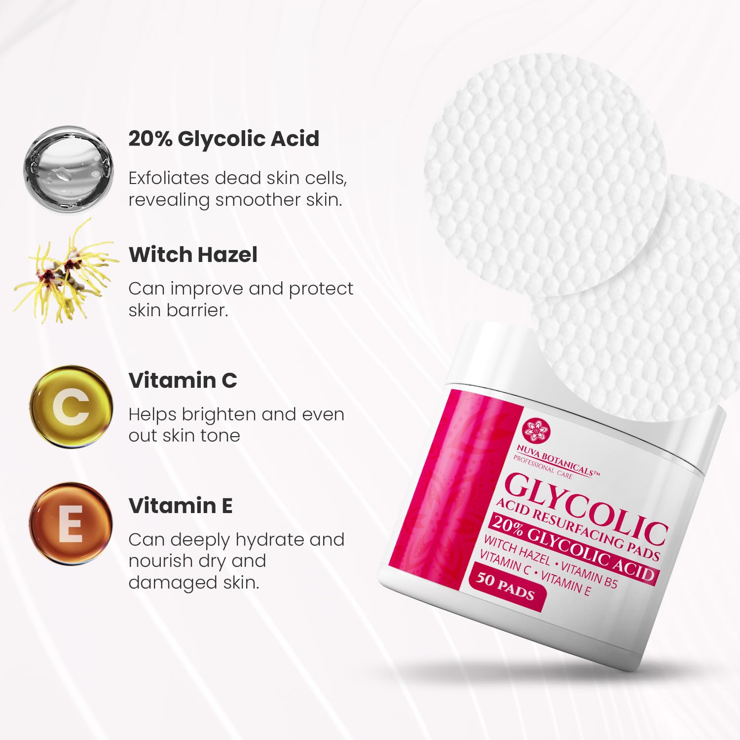 20% Glycolic Acid Pads (50 Pads) - Exfoliating Pads for Face Chemical Peel for Face at Home - Glycolic Acid Peel Exfoliating Face Pads - Acne Pads Facial Peel Face Exfoliating Pads with Vitamin C - Image 3