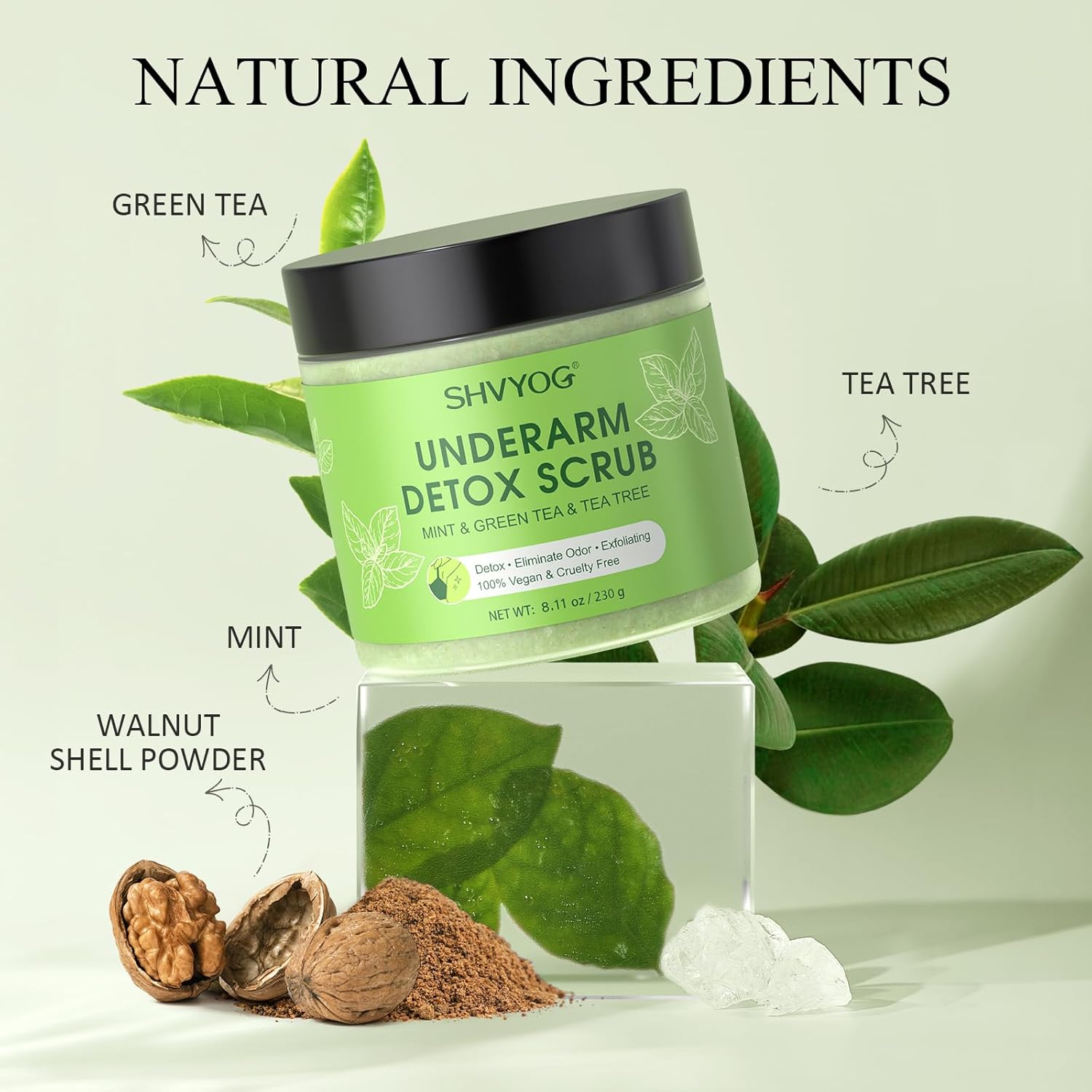 Underarm Detox Scrub, Armpit Detox Green Tea, Mint and Tea Tree Body Deodorant, Natural Dark Armpit Remover for Odors Eliminating and Exfoliating, also for Whole Body & Sensitive Skin, Unisex 8.11 Oz - Image 2