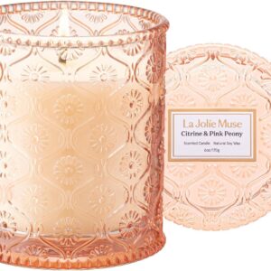 LA JOLIE MUSE Citrus Scented Candle, Citrine & Pink Peony Candles for Women, Luxury Candles Gifts, Mothers Day Candle for Home Scented, Natural Soy Wax Candle, 6 oz 40 Hours Burn