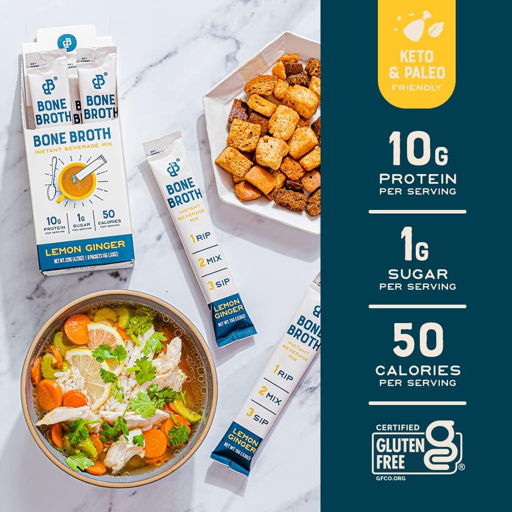 Bare Bones Instant Bone Broth Powder Mix Lemon Ginger 4 Pack Non-GMO Gluten-Free Dairy-Free - Image 4
