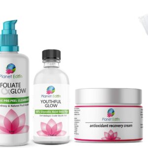 Planet Eden 40% Glycolic Acid Skin Chemical Peel Kit + Glycolic Pre-Peel Cleanser + Antioxidant Recovery Cream + Treatment Brush - Diminish Sun Damage for Younger Looking Skin