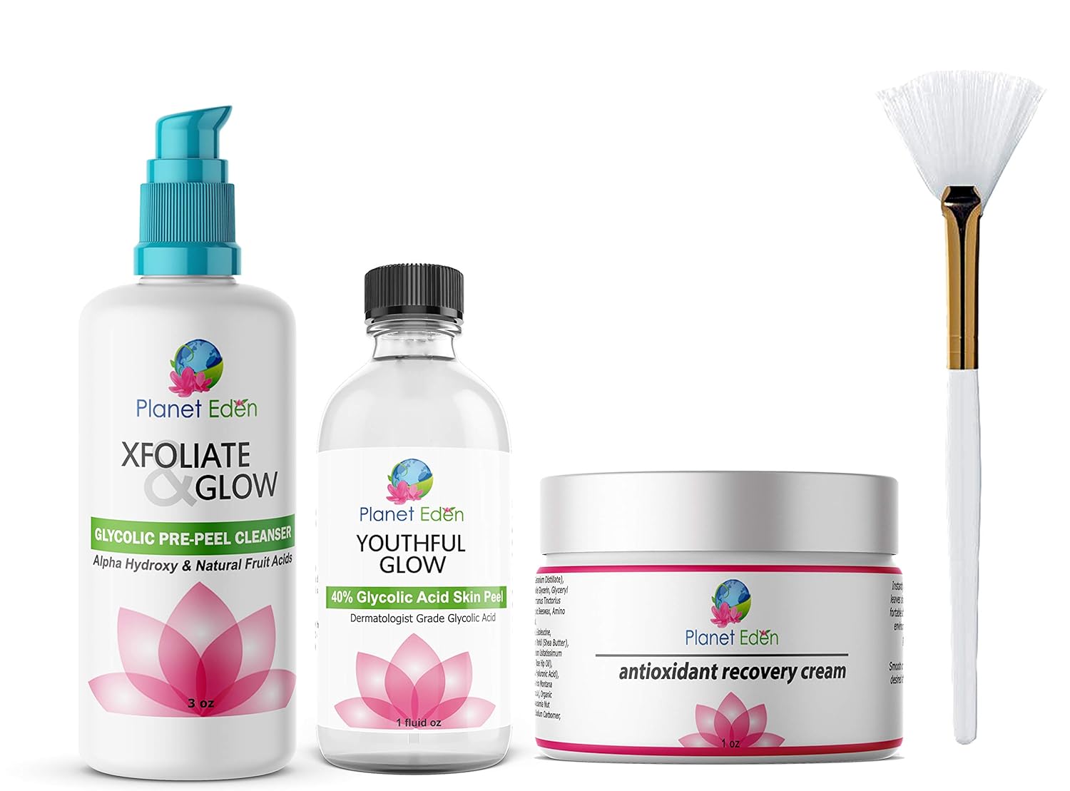 Planet Eden 40% Glycolic Acid Skin Chemical Peel Kit + Glycolic Pre-Peel Cleanser + Antioxidant Recovery Cream + Treatment Brush - Diminish Sun Damage for Younger Looking Skin