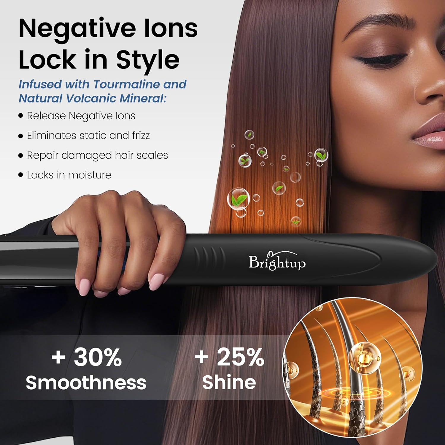Brightup Tourmaline Ceramic Hair Straightener and Curler 2 in 1 with 1" Vibrating Plates, Ionic Flat Iron with 10 Temp Control/Auto Shut Off, 20S Fast Heating for Smooth Salon Results, Black - Image 3