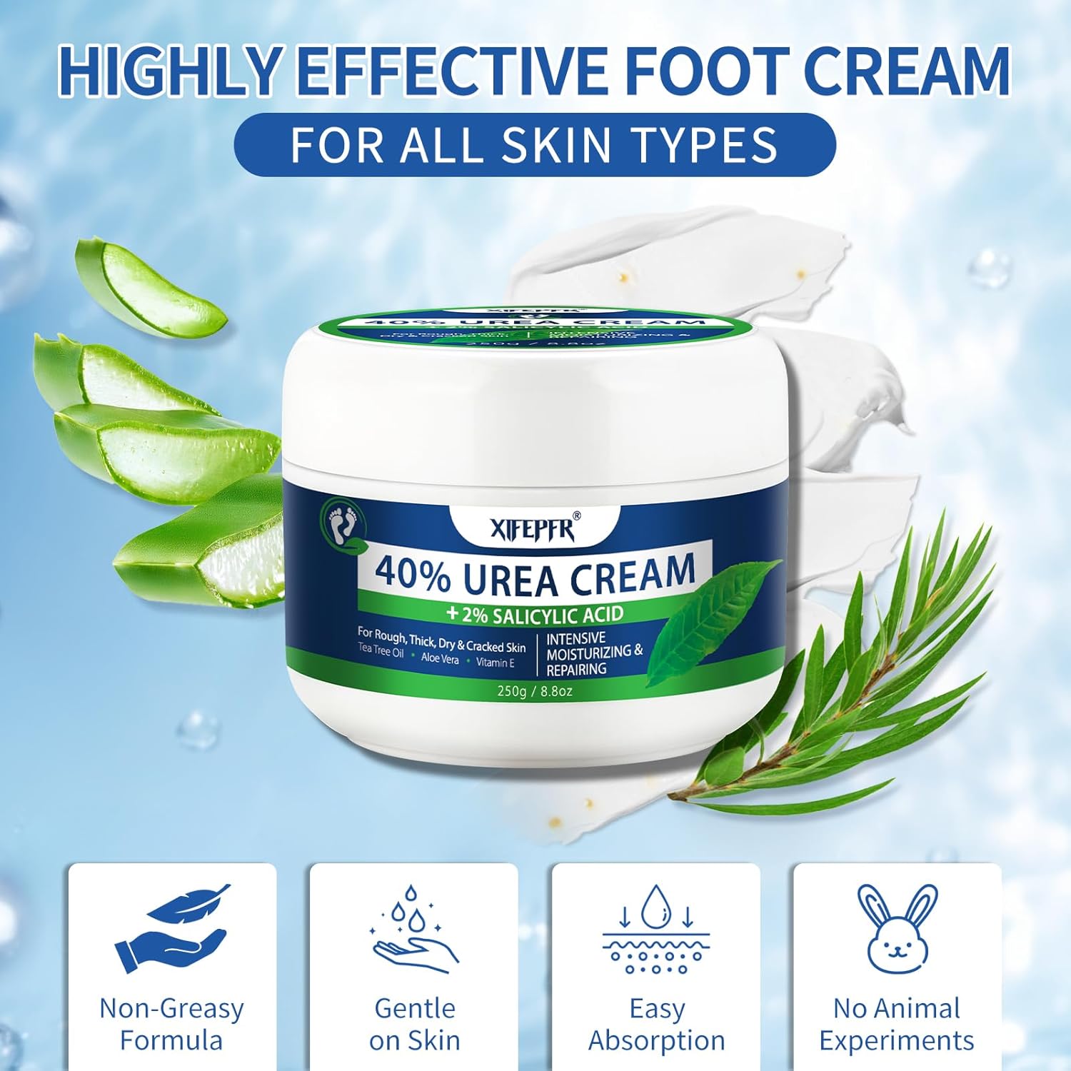 Urea Cream 40 Percent for Feet Maximum Strength, with 2% Salicylic Acid Urea Foot Cream for Dry Cracked Heels and Feet, Tea Tree Oil Foot Cream for Corn and Callus Remover (8.8Oz) - Image 6