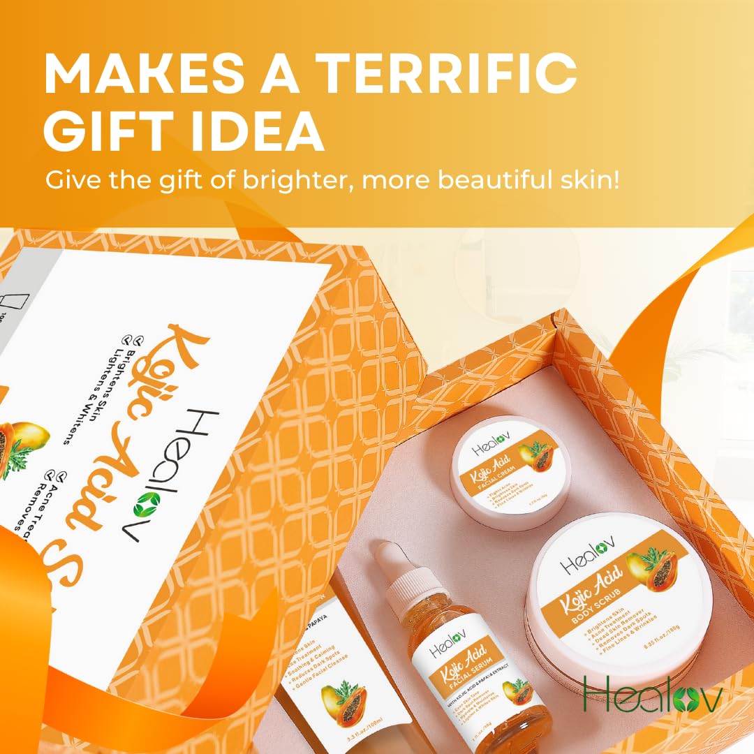 Kojic Acid Skincare Set – Kojic Soap Cleanser, Exfoliating Body Scrub, Face Cream & Brightening Facial Serum – Skin Brightening Hyperpigmentation Treatment, Dark Spot Corrector – with Turmeric Papaya - Image 7
